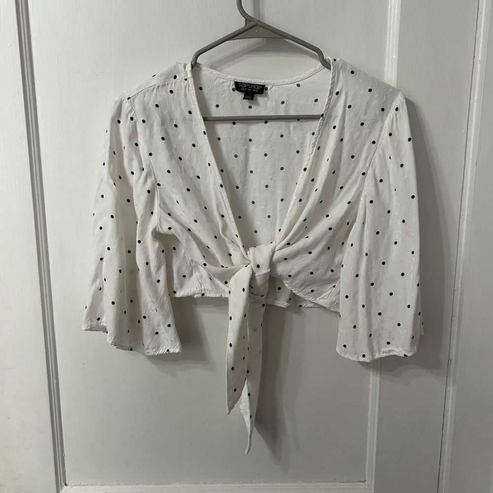 Topshop White and Black Polka Dot Tie-Front Blouse